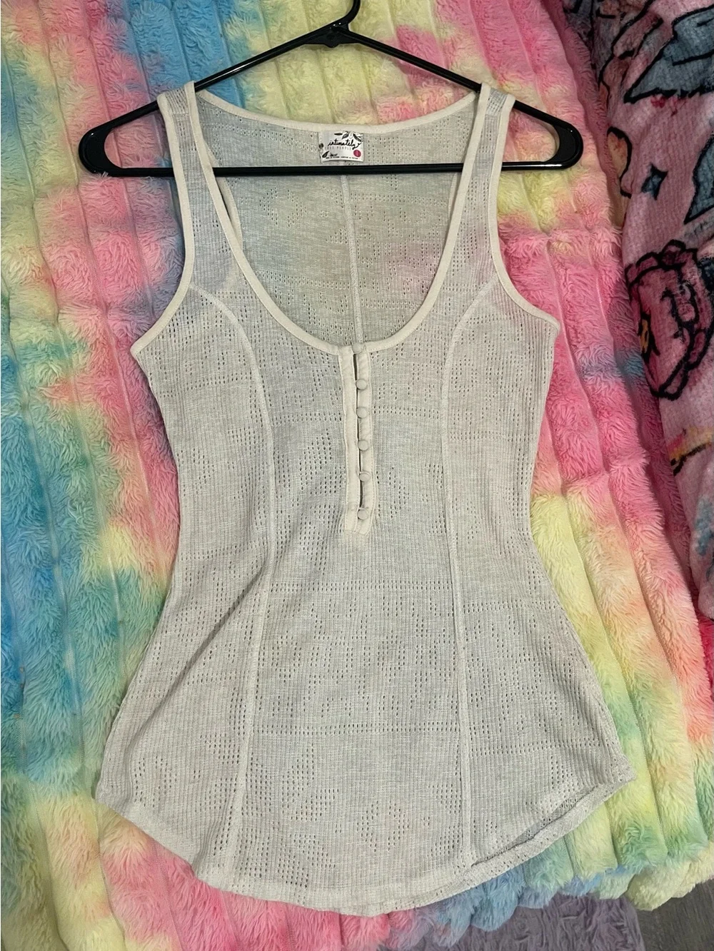 Intimately Free People Eyelet Loop & Button up Ivory Henley Tank Top Size Small